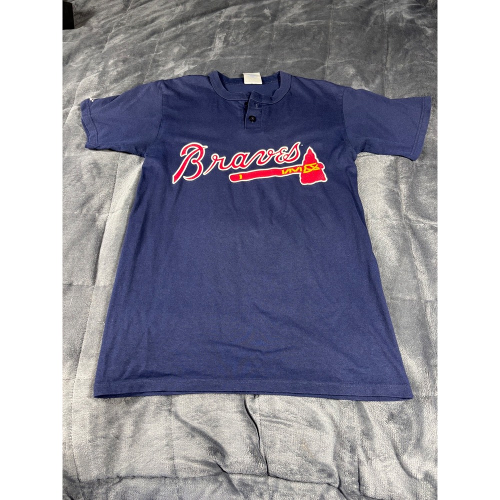 Majestic Atlanta Braves MLB Henley T-Shirt Mens Small Navy Blue Tomahawk Logo